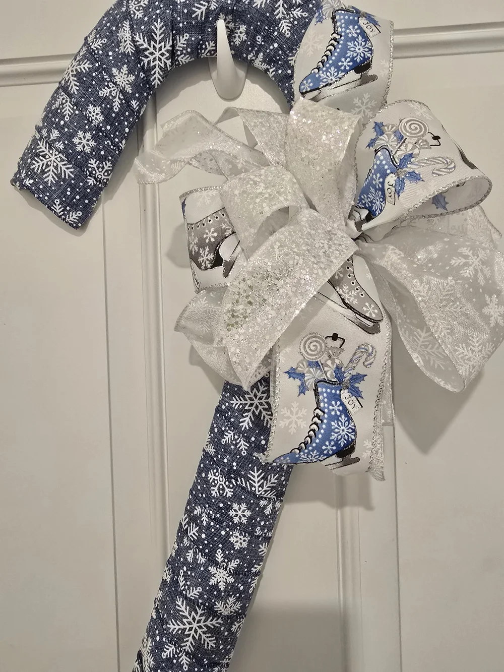 Blue Snowflake Candy Cane Door Hanger with White Glitter Bow Wintee